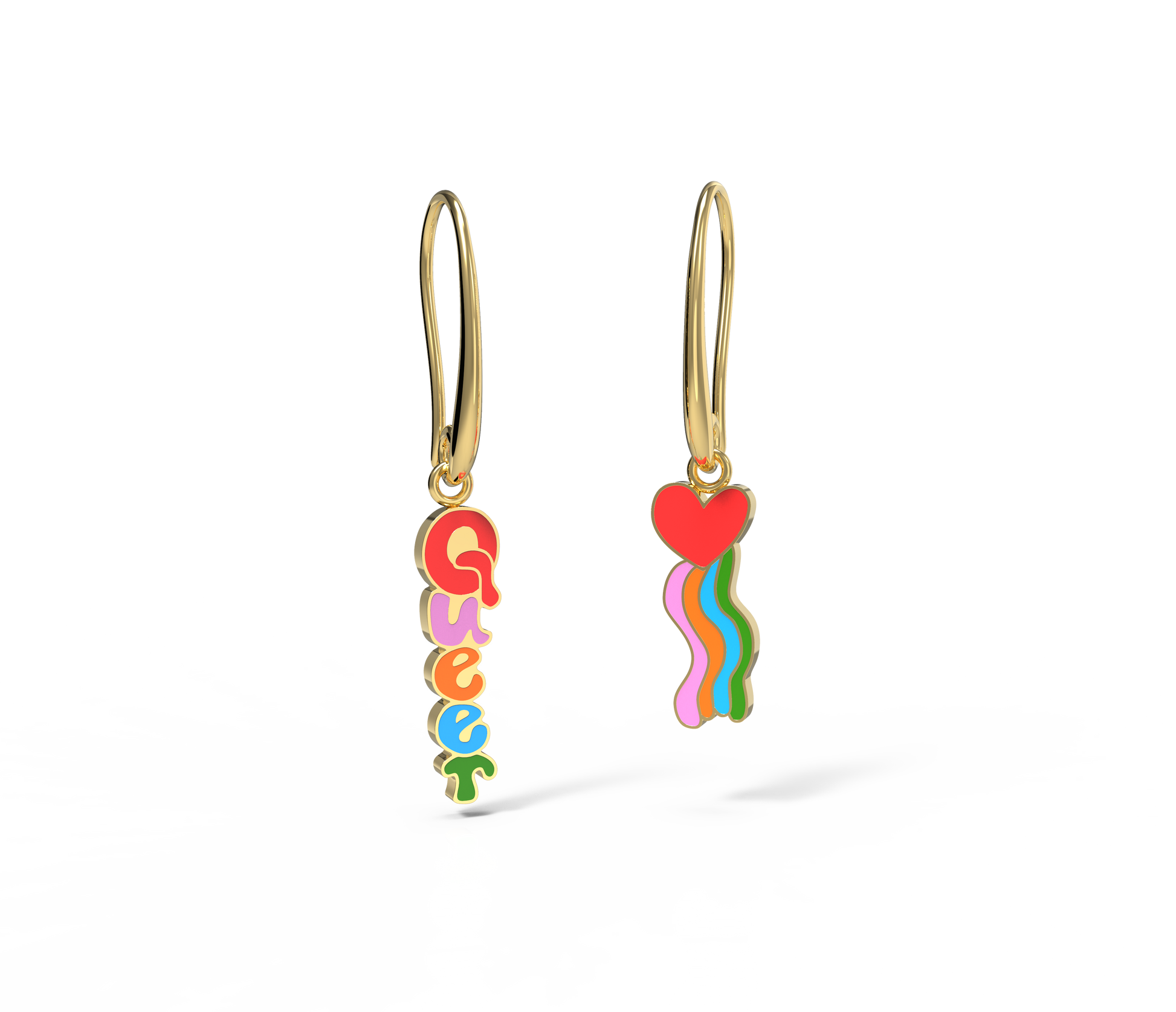 Queer Heart Hanging Earrings - 18k Gold Gilt Enamel Earrings